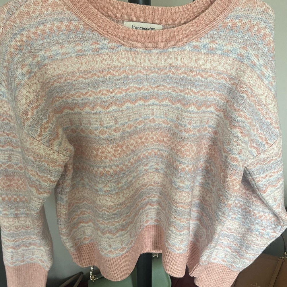 Francesca's Collections Pastel Pink & Cream Patterned Crewneck Sweater